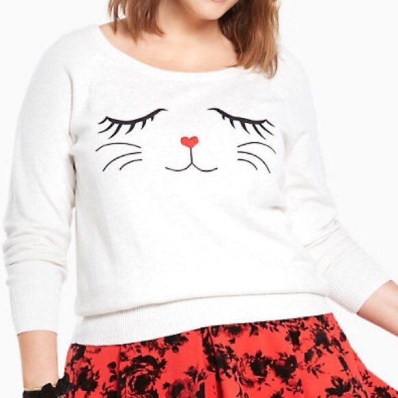 Torrid Ivory Kawaii Sleepy Kitty Cat Face Pullover Scoop Neck Sweater 4 4X - Picture 1 of 8
